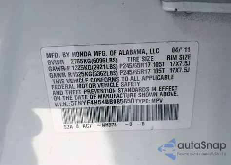 2011 Honda Pilot Ex-L z USA, uszkodzony, nr VIN 5FNYF4H54BB085650
